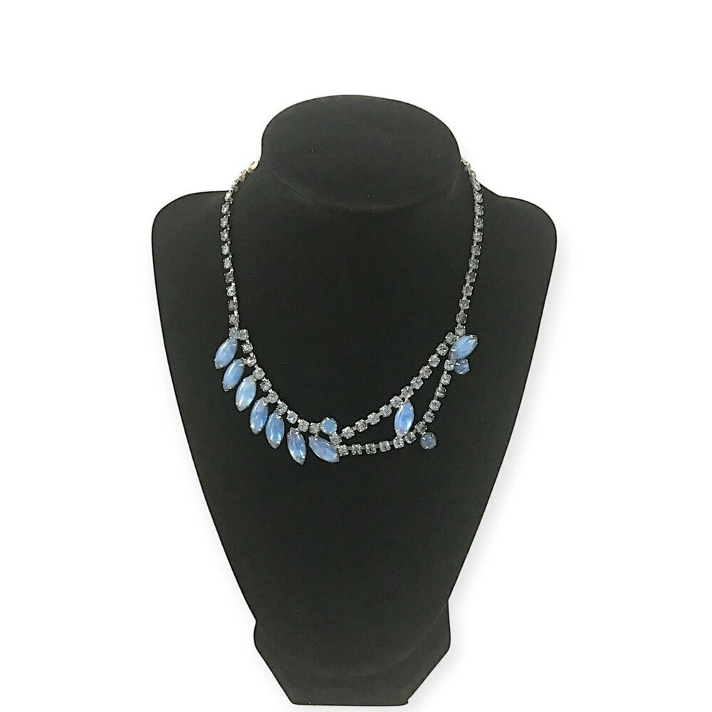 1950s Vintage Blue Moonglow Glass & Rhinestone Necklace